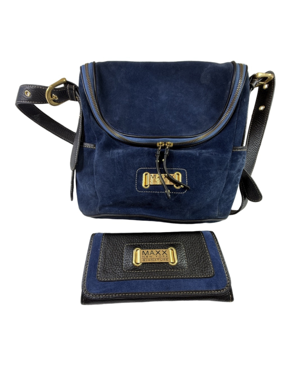 Maxx New York Signature Suede Leather Crossbody Bag & Wallet Set Navy + Dust Bag